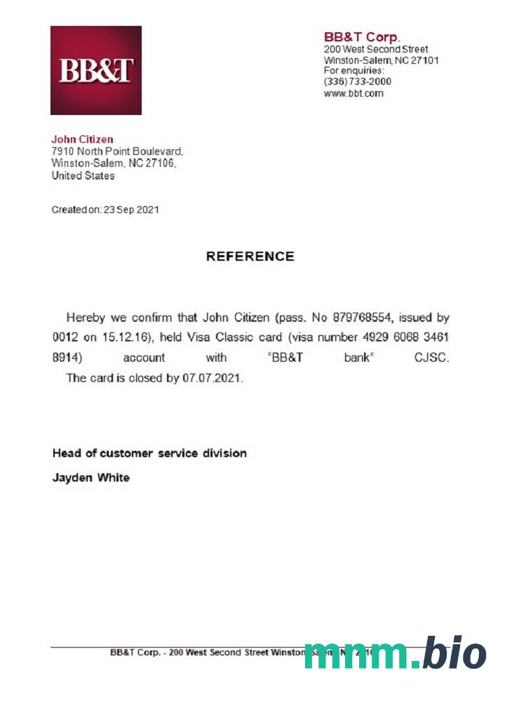 Przykład odniesienia do zamknięcia BB&T w USA w formatach Word i PDF